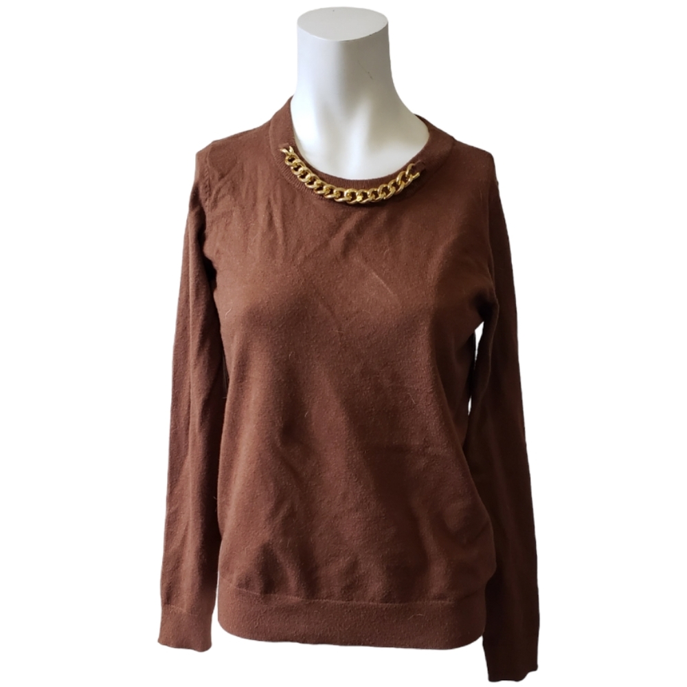 Michael Michael Kors brown small crew neck sweater with gold plated chain